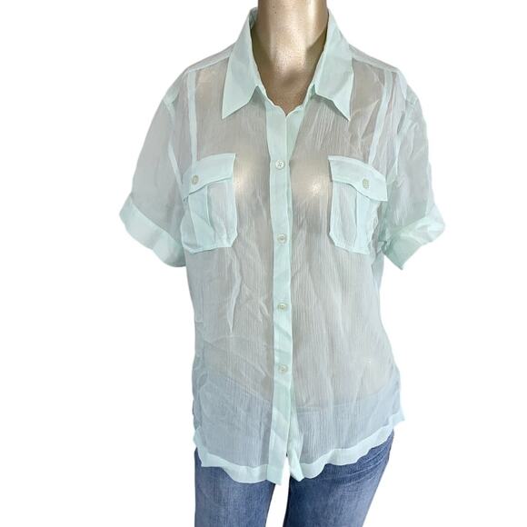 Chadwick's Size 12 Sheer 100% Silk Blouse # 10-1200-4 Blue Pockets - Picture 1 of 5